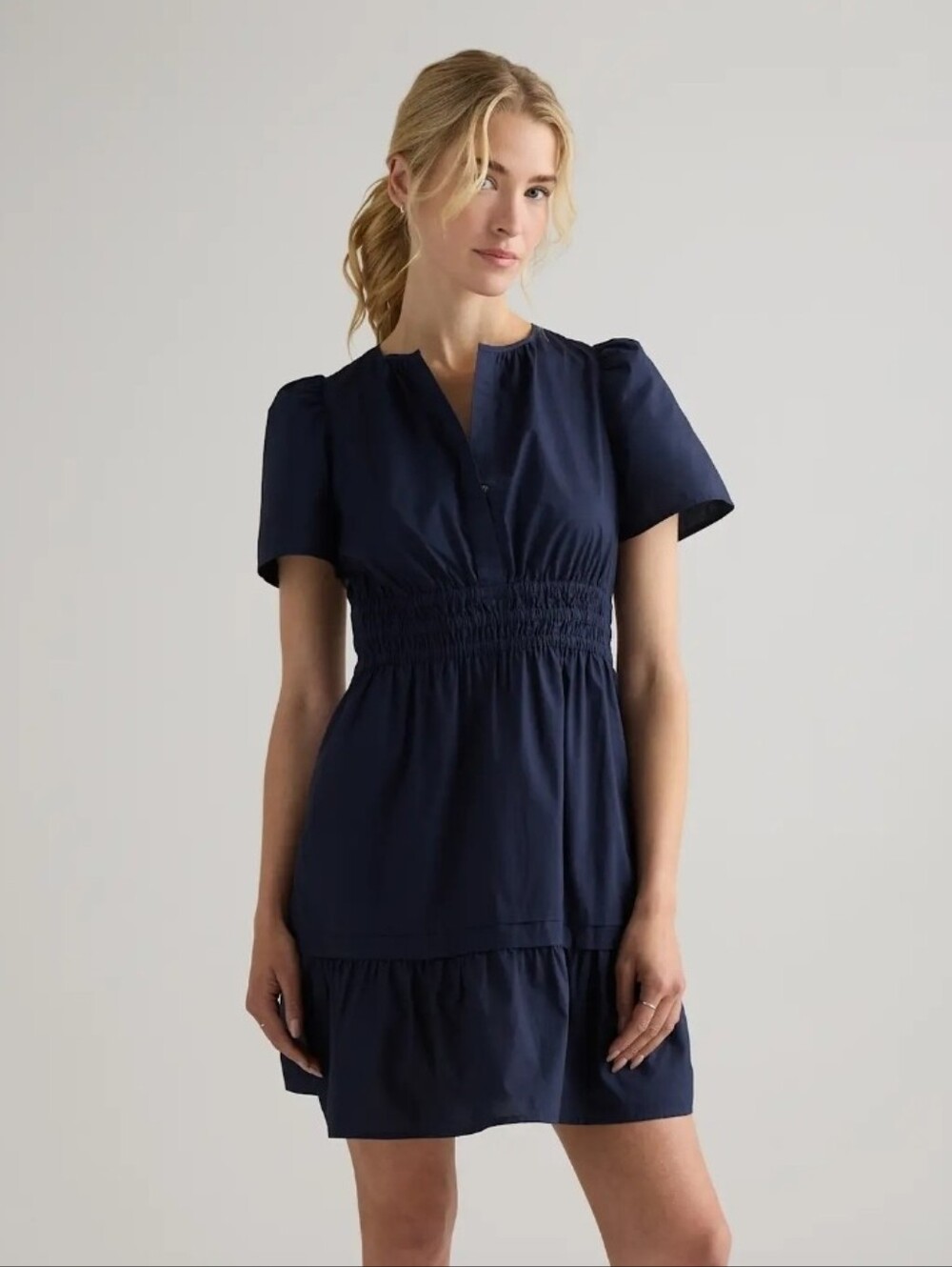 QUINCE 100% Organic Cotton Poplin Tiered Mini Dress Navy Sz XL